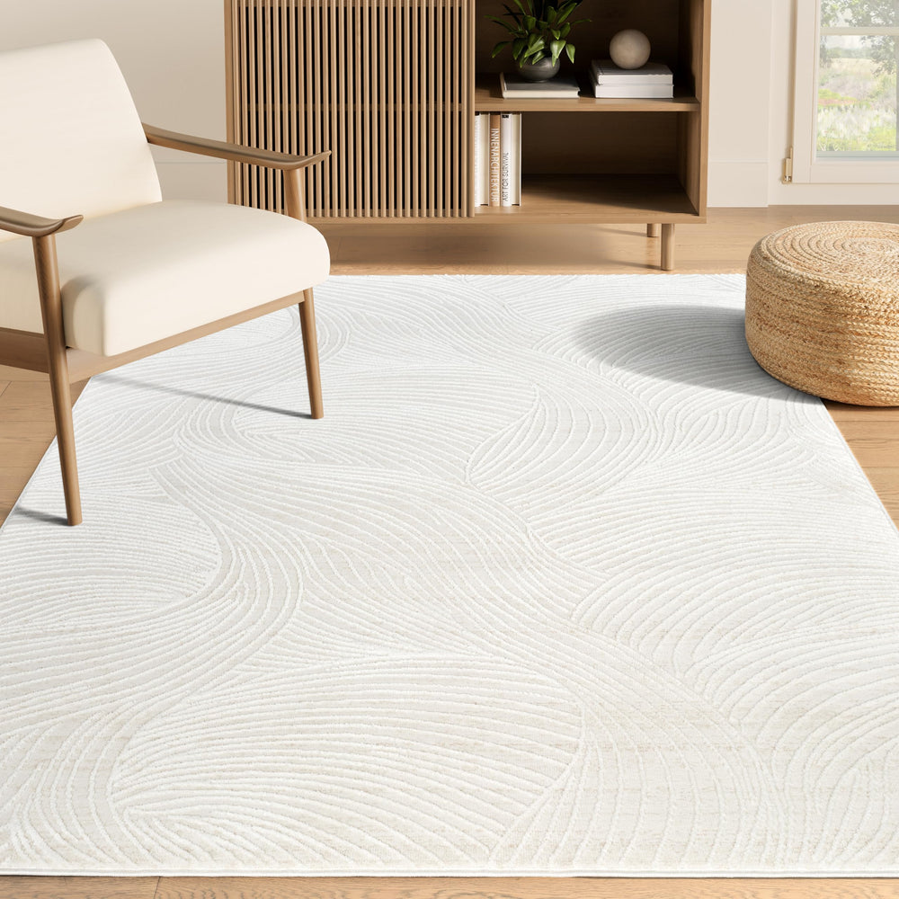Cream Wave Texture Area Rug – Polypropylene, Rectangular, Multiple Sizes