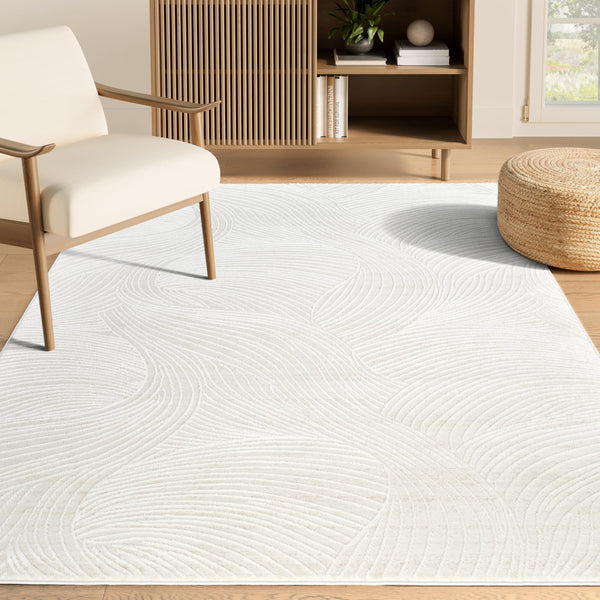 Cream Wave Texture Area Rug – Polypropylene, Rectangular, Multiple Sizes