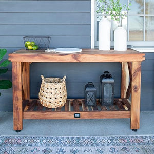 Cedar Wood Buffet Hutch Serving Station with Wine Rack & Steel Countertop