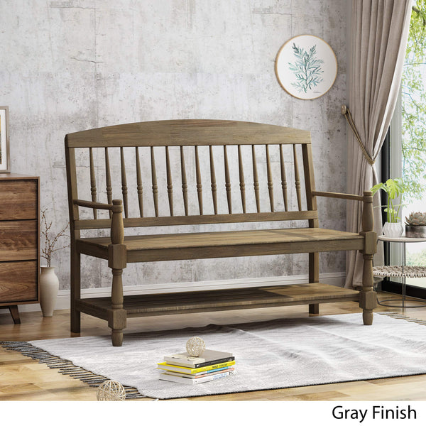 Farmhouse Acacia Wood Bench with Shelf – Gray