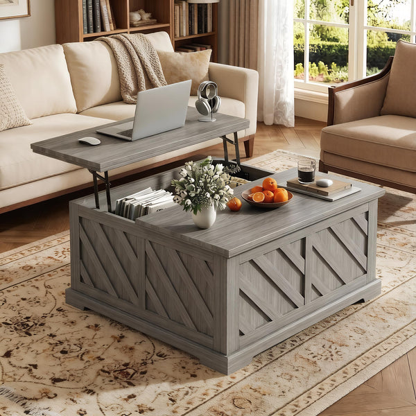 Lift-Top Coffee Table with Hidden Storage & Diagonal Pattern