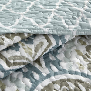 Teal Aqua Floral Quilted Coverlet Bedspread Set with Shams & Pillows
