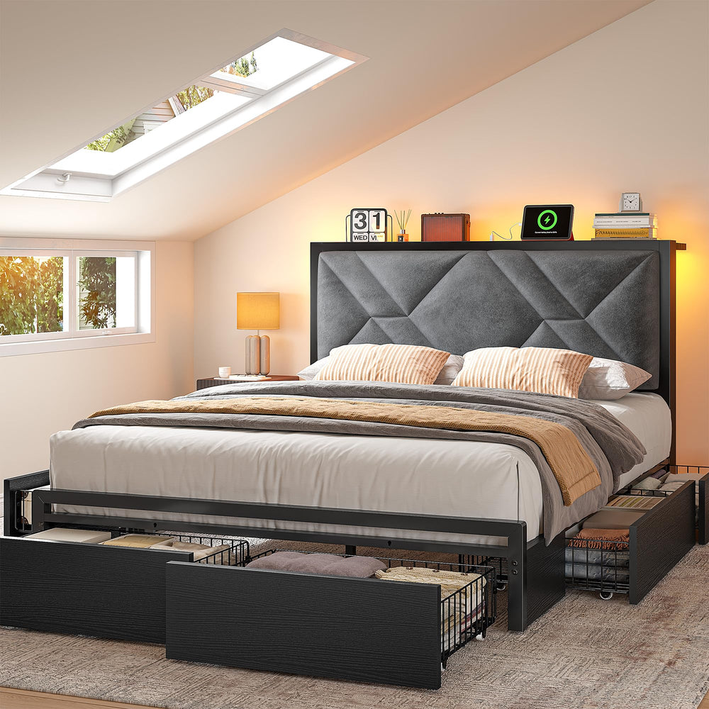 Queen Bed Frame with Storage Drawers, LED Lights & Charging Station