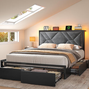 Queen Bed Frame with Storage Drawers, LED Lights & Charging Station