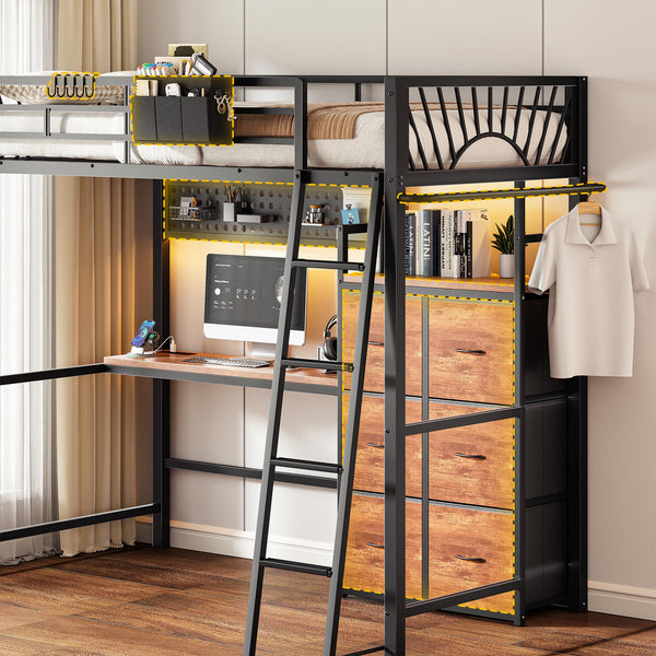 Twin Loft Bed with Desk, Storage Drawers & LED Lights