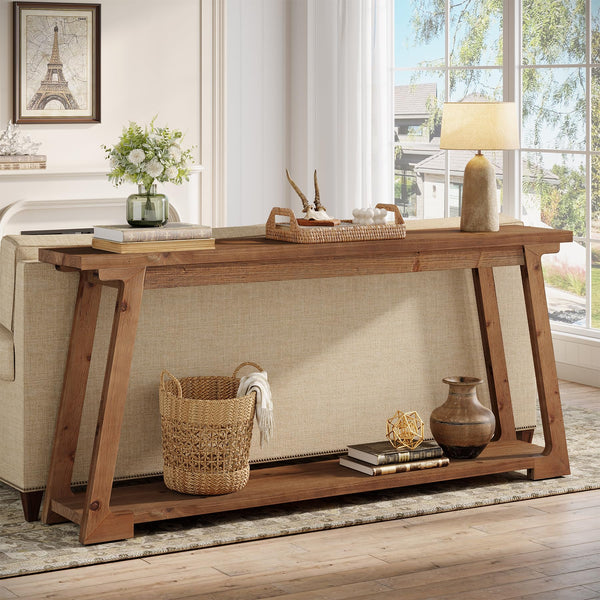 63-Inch Solid Wood Console Table with 2-Tier Storage