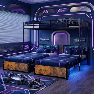 Triple Bunk Bed with Charging Station & LED Lights — Metal, Storage Drawers, Convertible