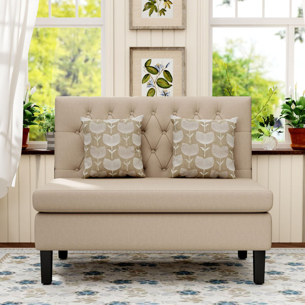 Mid-Century Modern Upholstered Settee Bench – Linen Fabric, Button Tufted, Khaki