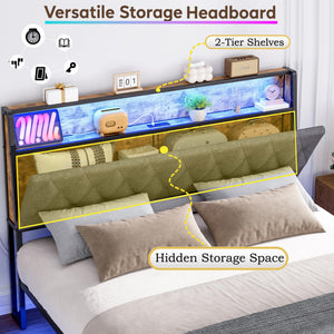 Queen Size Upholstered Bed Frame with LED Lights & Storage Headboard