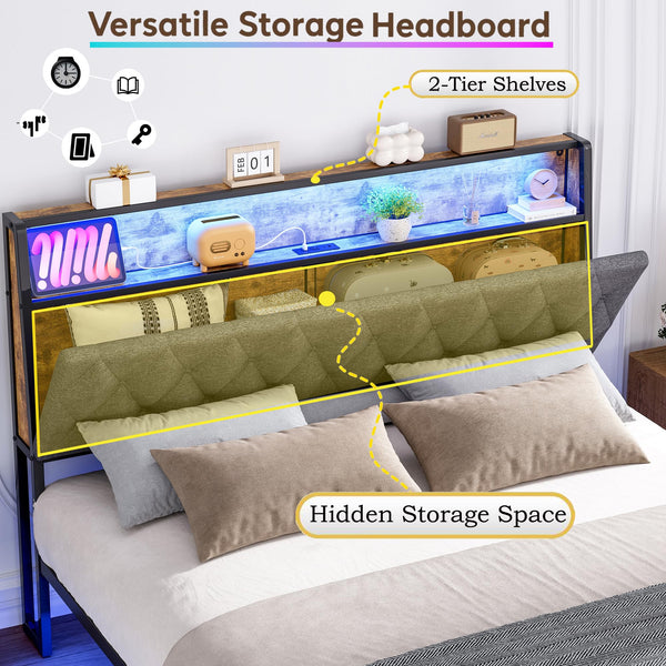 Queen Size Upholstered Bed Frame with LED Lights & Storage Headboard