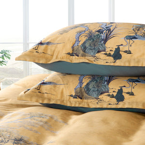 Chinoiserie Chic Duvet Cover Set — Botanical Print, 400TC Cotton Sateen (Ocher Shade, Queen)