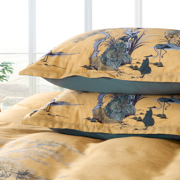 Chinoiserie Chic Duvet Cover Set — Botanical Print, 400TC Cotton Sateen (Ocher Shade, Queen)