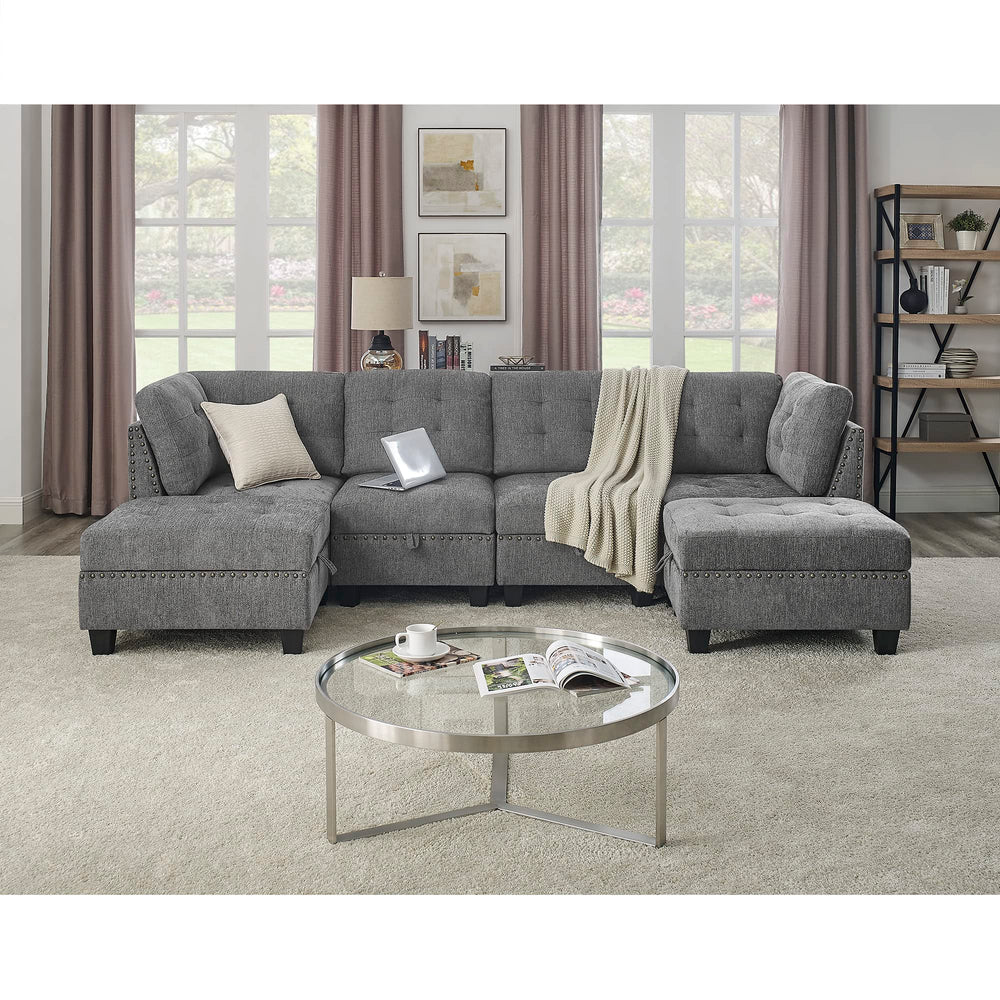 U-Shape Modular Sectional Sofa with Ottoman – Grey Chenille