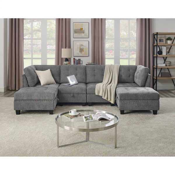 U-Shape Modular Sectional Sofa with Ottoman – Grey Chenille