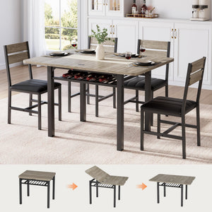 5-Piece Extendable Dining Table Set with PU Leather Chairs & Storage Rack