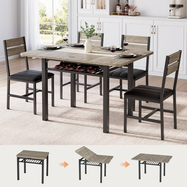 5-Piece Extendable Dining Table Set with PU Leather Chairs & Storage Rack