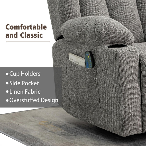 Overstuffed Rocker Swivel Recliner Chair with Massage & Heat