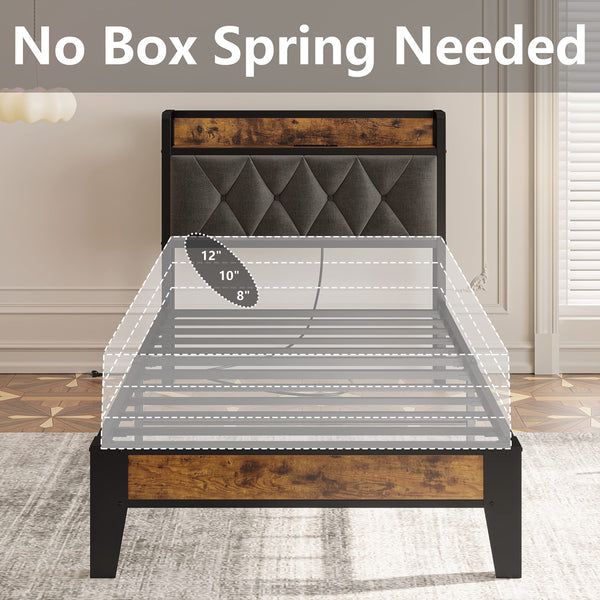 Twin Size Upholstered Bed Frame with Storage & Power Outlets