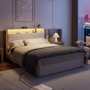 Upholstered Platform Bed Frame with Storage Drawers, LED Lights & Charging Station