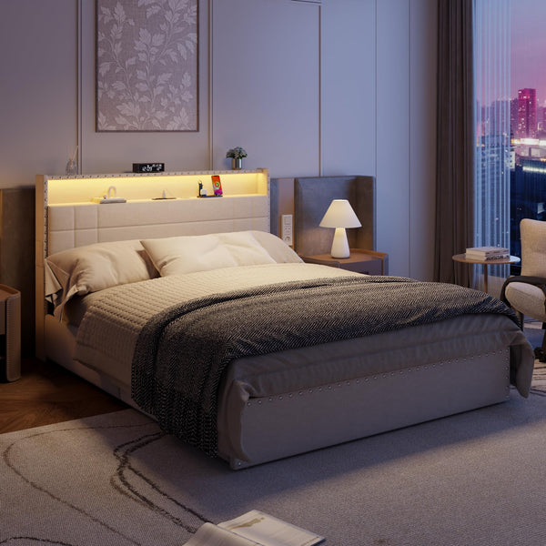 Upholstered Platform Bed Frame with Storage Drawers, LED Lights & Charging Station