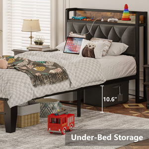 Twin Size Upholstered Bed Frame with Storage & Power Outlets