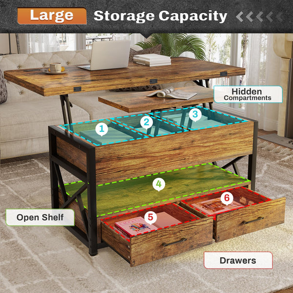 Lift Top Coffee Table with Storage, Drawers & LED Light