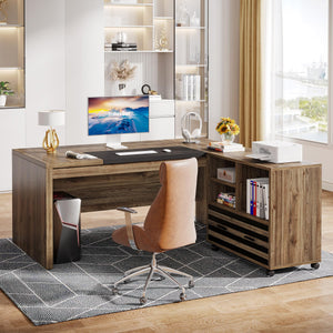 L-Shaped Executive Desk with Mobile File Cabinet and Storage Shelves