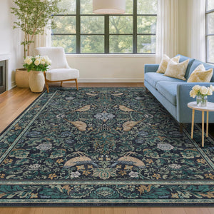 Vintage Floral Bird Area Rug 8x10 – Washable, Non-Slip, Low Pile