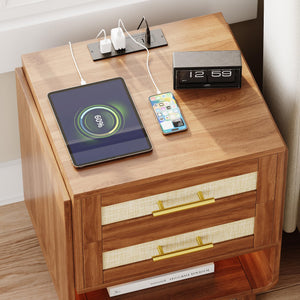Farmhouse Nightstand with Charging Station & LED Light