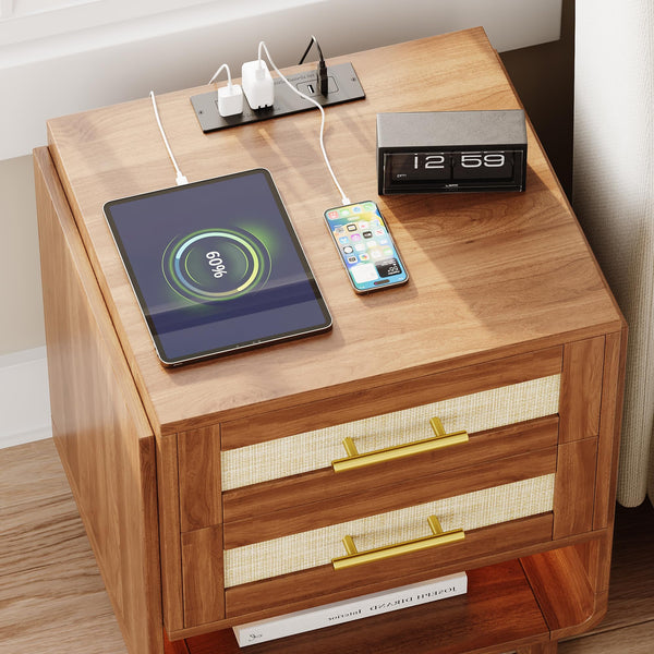 Farmhouse Nightstand with Charging Station & LED Light
