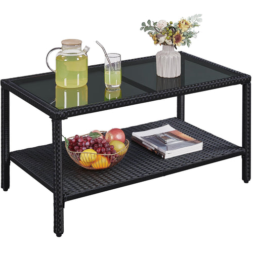 Rattan Wicker Coffee Table with Tempered Glass Top