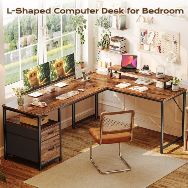 L-Shaped Desk with Power Outlets, USB-C & Storage Drawers