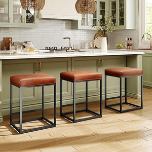 Counter Height Bar Stools with Faux Leather Cushion & Footrest