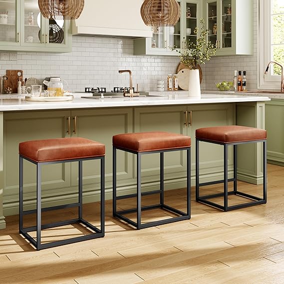 Counter Height Bar Stools with Faux Leather Cushion & Footrest