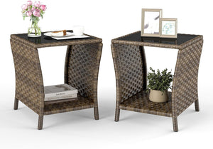 Outdoor Wicker Side Table with Glass Top