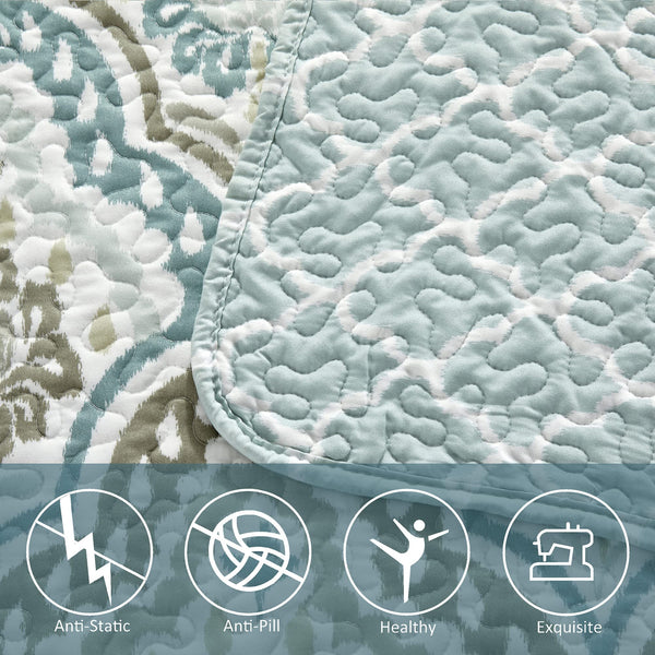 Teal Aqua Floral Quilted Coverlet Bedspread Set with Shams & Pillows