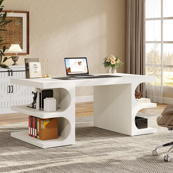 63-Inch White Executive Office Desk with Storage Shelves