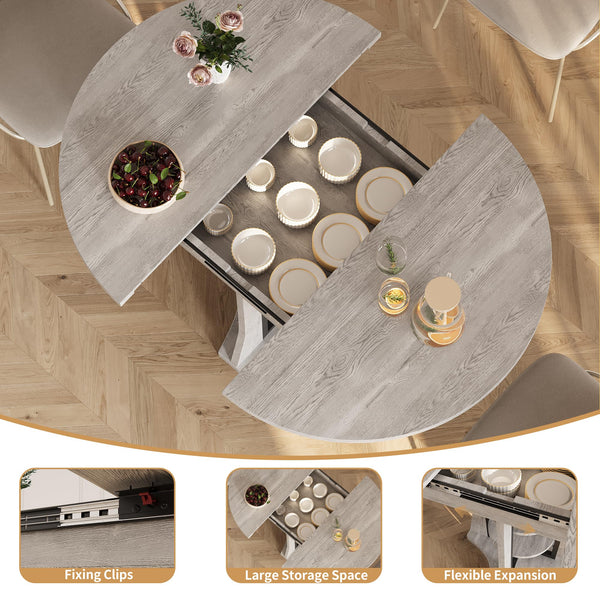 43.3''-59'' Round Extendable Dining Table for 4-6, Modern Kitchen Extendable Dining Room Table with 2-Tier Storage Shelves, Round Oval Dinner Table with Storage for Kitchen Living Room