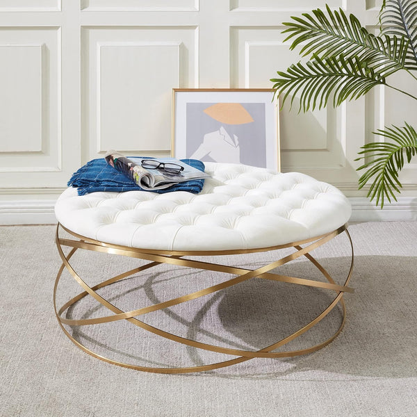 Round Velvet Tufted Ottoman with Gold Legs