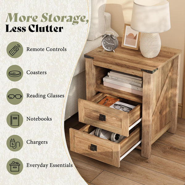 Farmhouse Nightstand Set of 2 with Drawer & Open Shelf