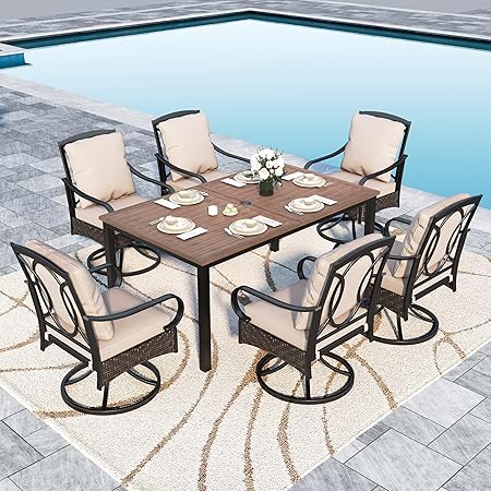 7-Piece Outdoor Patio Dining Set with Swivel Chairs & Rectangular Table
