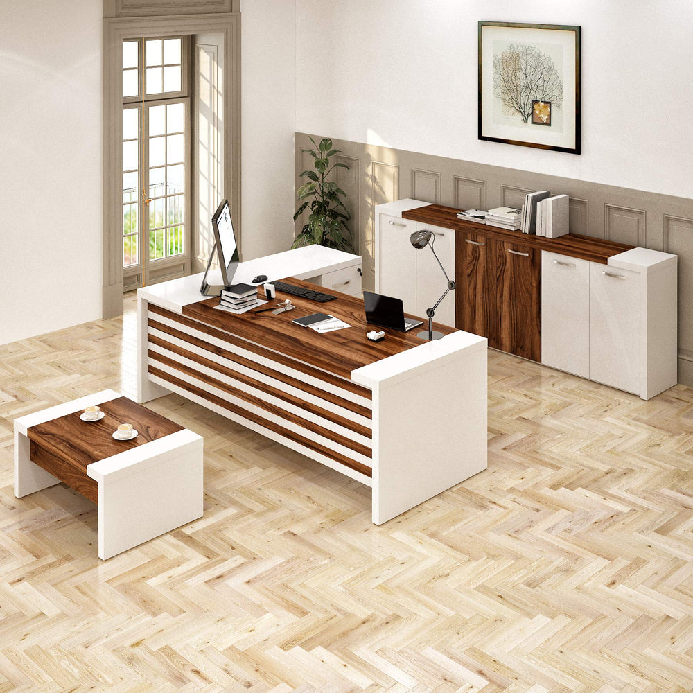 L-Shaped Executive Office Desk Set – 3-Piece with Coffee Table & Storage Cabinet