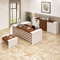 L-Shaped Executive Office Desk Set – 3-Piece with Coffee Table & Storage Cabinet