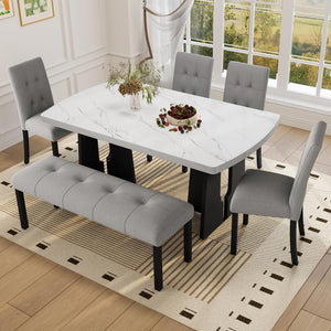 6-Piece Faux Marble Oval Dining Table Set with Chairs and Bench