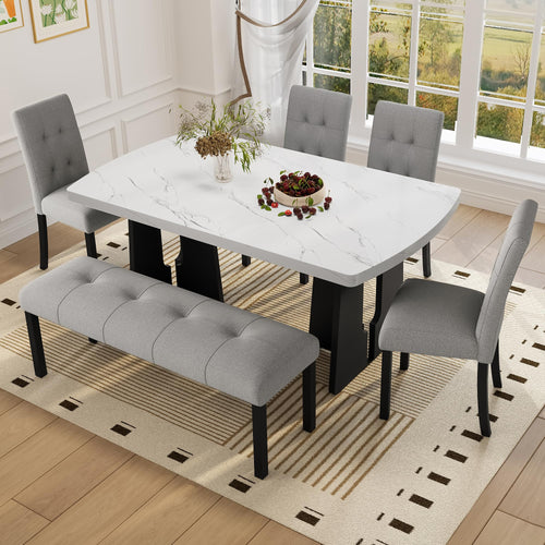 6-Piece Faux Marble Oval Dining Table Set with Chairs and Bench