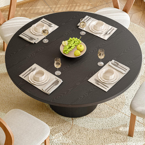 Lefurture 47 Inch Round Dining Table for 4-6, Fluted Kitchen Table with Wood Strip Base, Mid Century Modern Circle Dinner Tables for Dining Room, Kitchen, Black