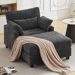 Chenille Chaise Lounge Chair with Ottoman