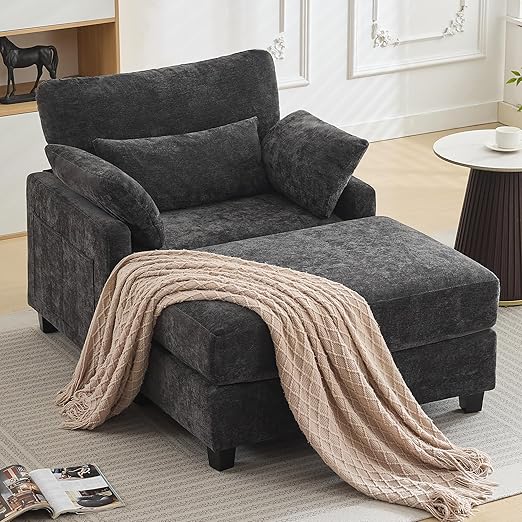 Chenille Chaise Lounge Chair with Ottoman