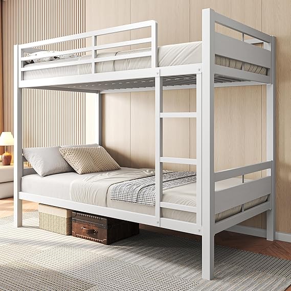Twin Over Twin Metal Bunk Bed with Ladder and High Guardrail