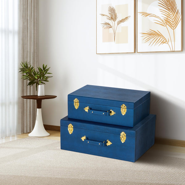 Decorative Storage Trunk Set of 2 with Handles – Shagreen Faux Leather Chest Boxes
